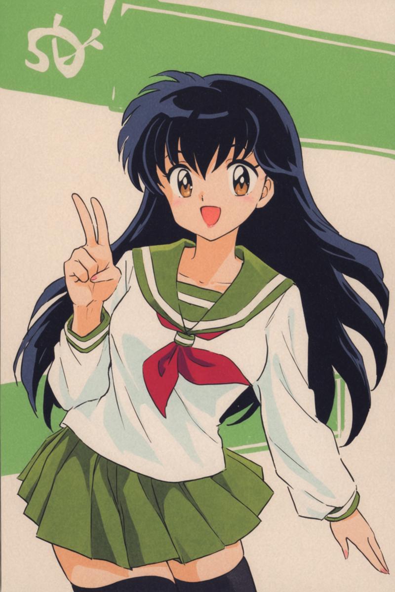 29195-53665977-Higurashi Kagome,1girl,skirt,solo,school uniform,long hair,black hair,green skirt,smile,serafuku,open mouth,pleated skirt,necker.png